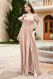 Off the Shoulder Satin Bridesmaid Dress with Pockets Formal Evening Prom Dresses with Slit