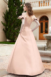 Off the Shoulder Satin Bridesmaid Dress with Pockets Formal Evening Prom Dresses with Slit