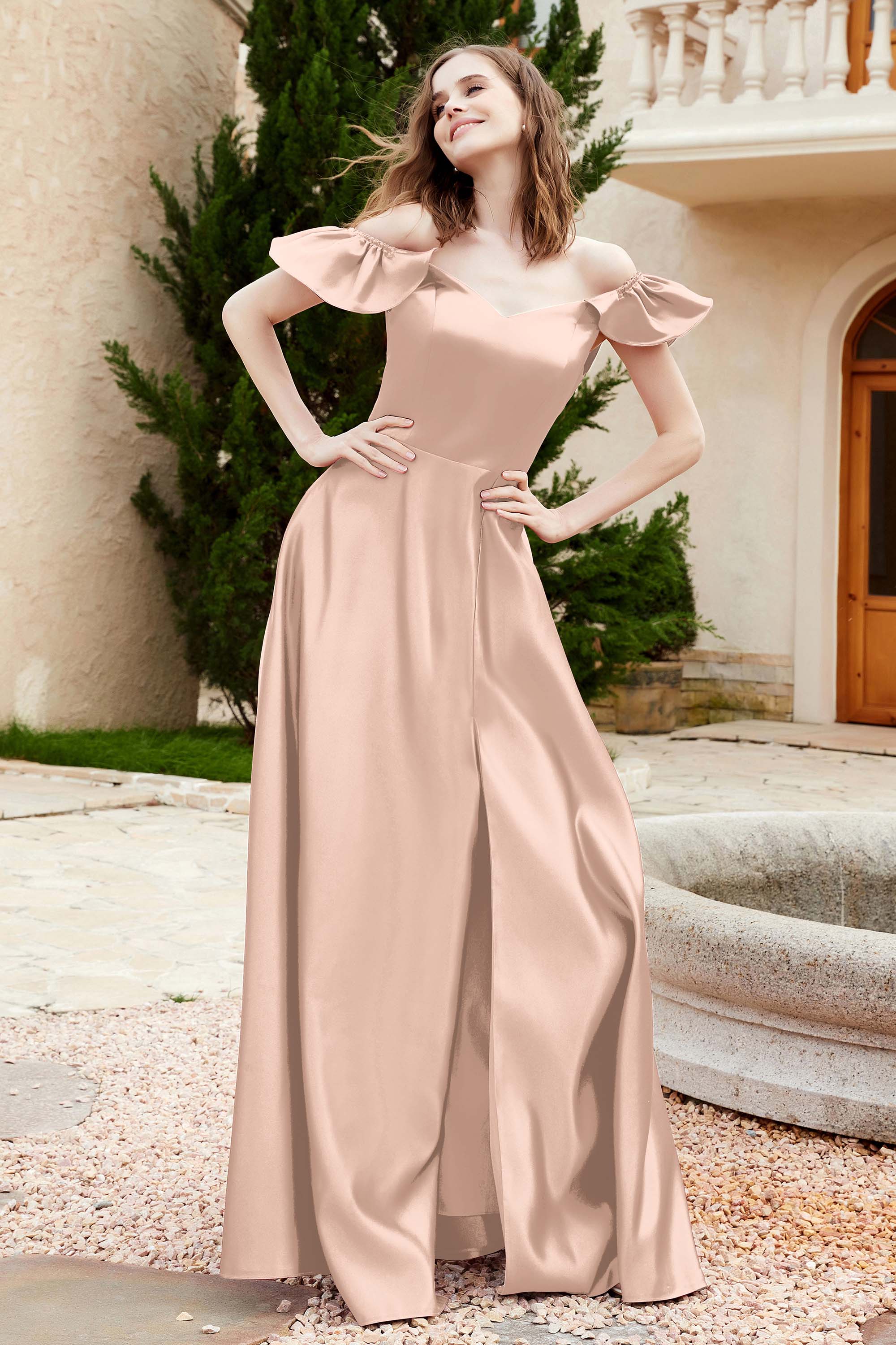 Off the Shoulder Satin Bridesmaid Dress with Pockets Formal Evening Prom Dresses with Slit