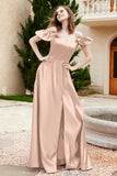 Off the Shoulder Satin Bridesmaid Dress with Pockets Formal Evening Prom Dresses with Slit