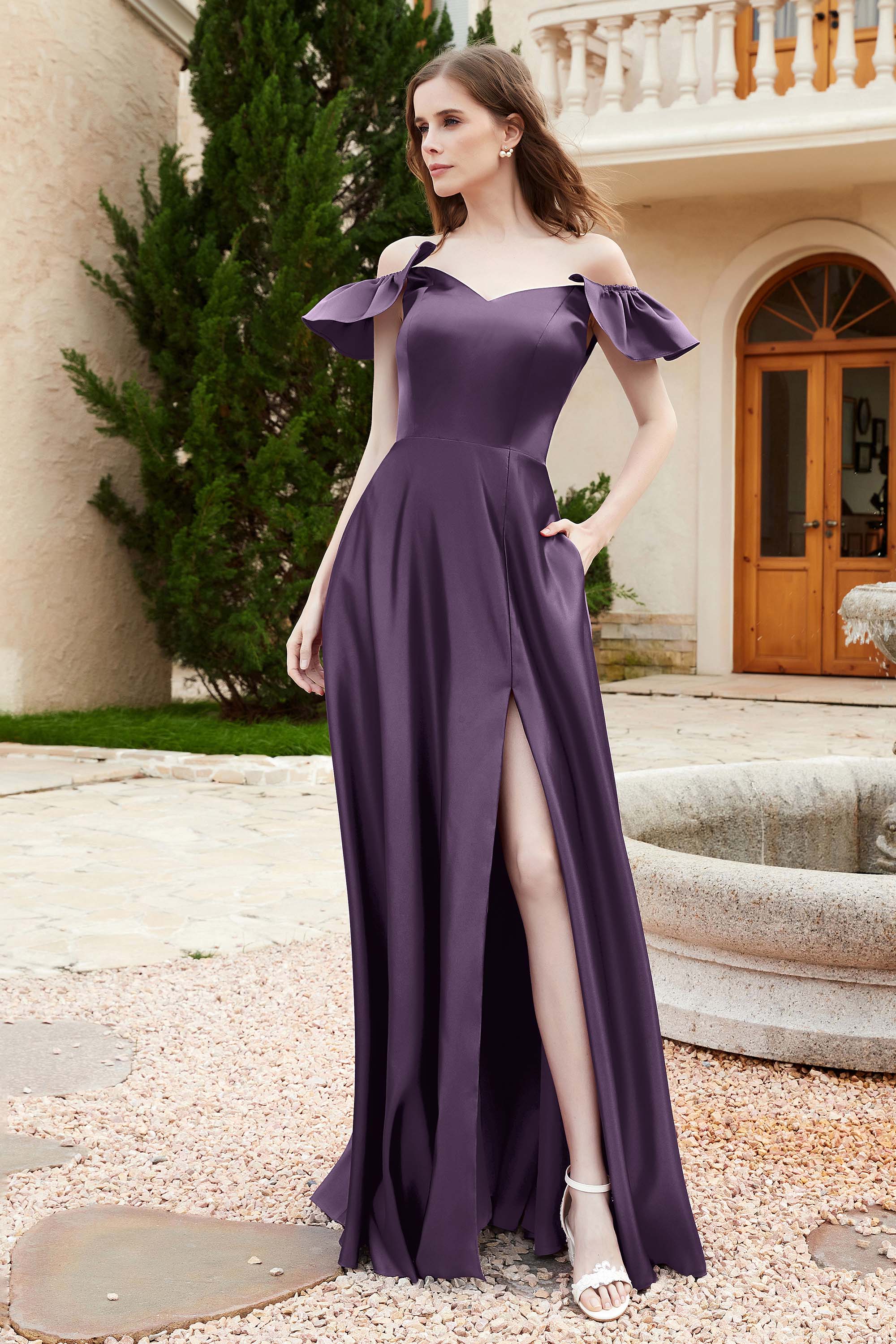 Off the Shoulder Satin Bridesmaid Dress with Pockets Formal Evening Prom Dresses with Slit
