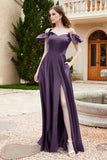 Off the Shoulder Satin Bridesmaid Dress with Pockets Formal Evening Prom Dresses with Slit