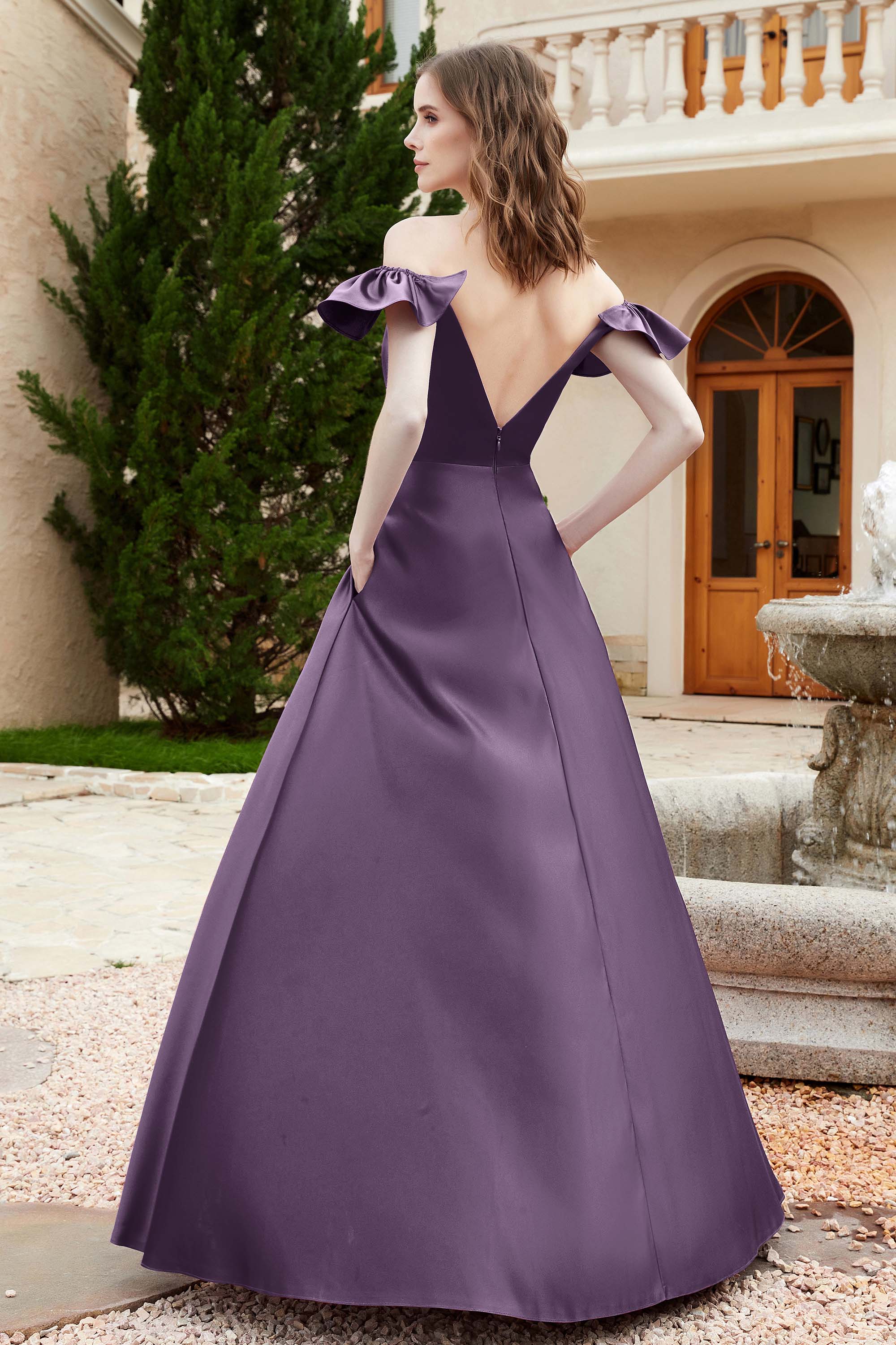 Off the Shoulder Satin Bridesmaid Dress with Pockets Formal Evening Prom Dresses with Slit