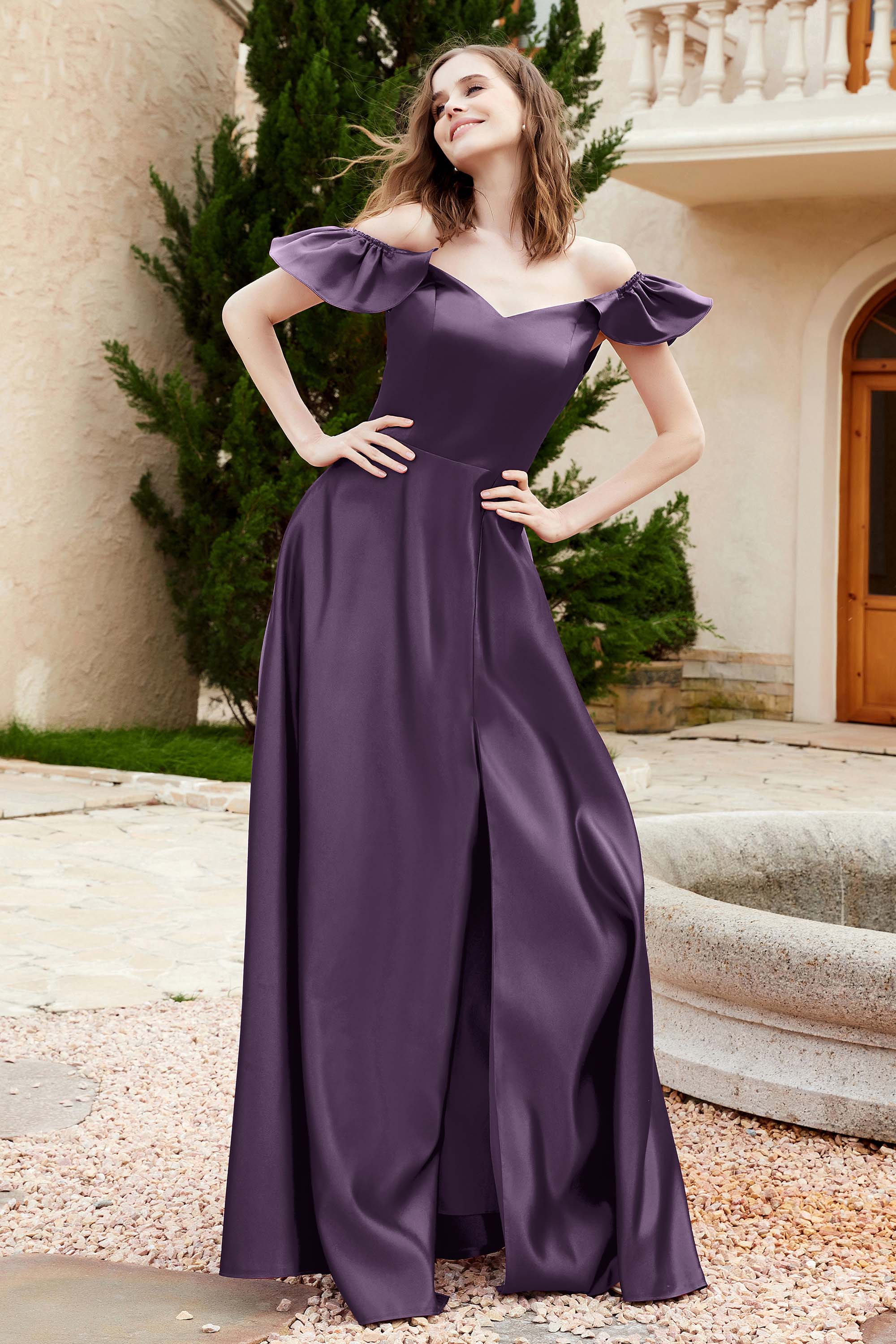 Off the Shoulder Satin Bridesmaid Dress with Pockets Formal Evening Prom Dresses with Slit