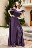 Off the Shoulder Satin Bridesmaid Dress with Pockets Formal Evening Prom Dresses with Slit