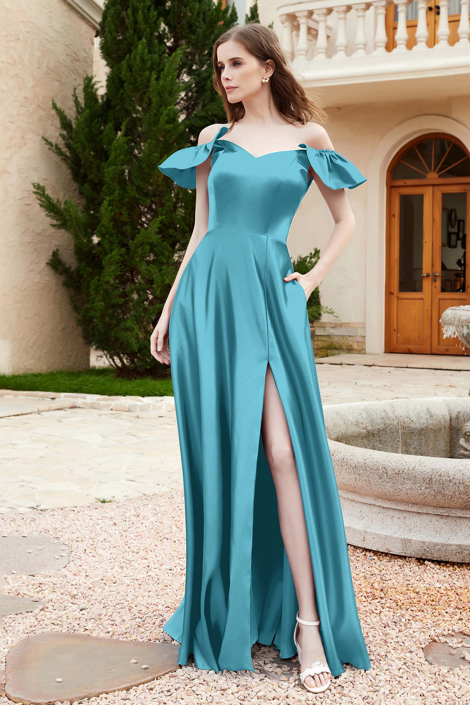 Off the Shoulder Satin Bridesmaid Dress with Pockets Formal Evening Prom Dresses with Slit