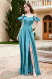 Off the Shoulder Satin Bridesmaid Dress with Pockets Formal Evening Prom Dresses with Slit