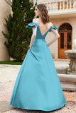 Off the Shoulder Satin Bridesmaid Dress with Pockets Formal Evening Prom Dresses with Slit