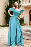 Off the Shoulder Satin Bridesmaid Dress with Pockets Formal Evening Prom Dresses with Slit