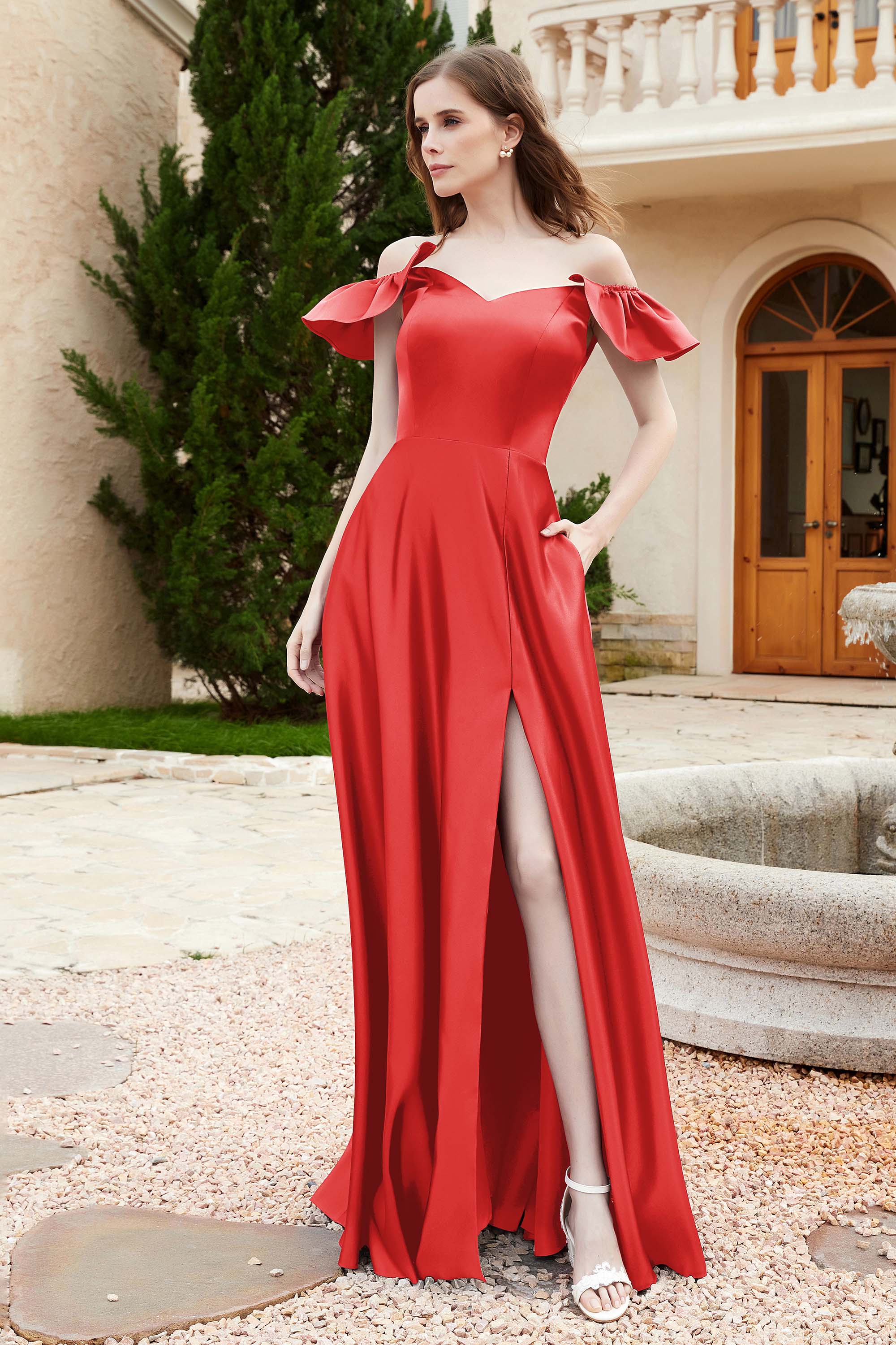 Off the Shoulder Satin Bridesmaid Dress with Pockets Formal Evening Prom Dresses with Slit