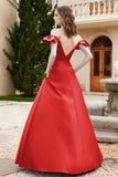 Off the Shoulder Satin Bridesmaid Dress with Pockets Formal Evening Prom Dresses with Slit