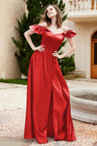 Off the Shoulder Satin Bridesmaid Dress with Pockets Formal Evening Prom Dresses with Slit