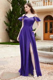 Off the Shoulder Satin Bridesmaid Dress with Pockets Formal Evening Prom Dresses with Slit