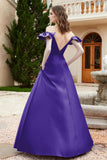 Off the Shoulder Satin Bridesmaid Dress with Pockets Formal Evening Prom Dresses with Slit