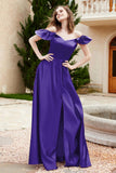 Off the Shoulder Satin Bridesmaid Dress with Pockets Formal Evening Prom Dresses with Slit