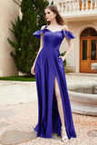 Off the Shoulder Satin Bridesmaid Dress with Pockets Formal Evening Prom Dresses with Slit