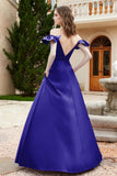 Off the Shoulder Satin Bridesmaid Dress with Pockets Formal Evening Prom Dresses with Slit