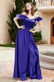 Off the Shoulder Satin Bridesmaid Dress with Pockets Formal Evening Prom Dresses with Slit