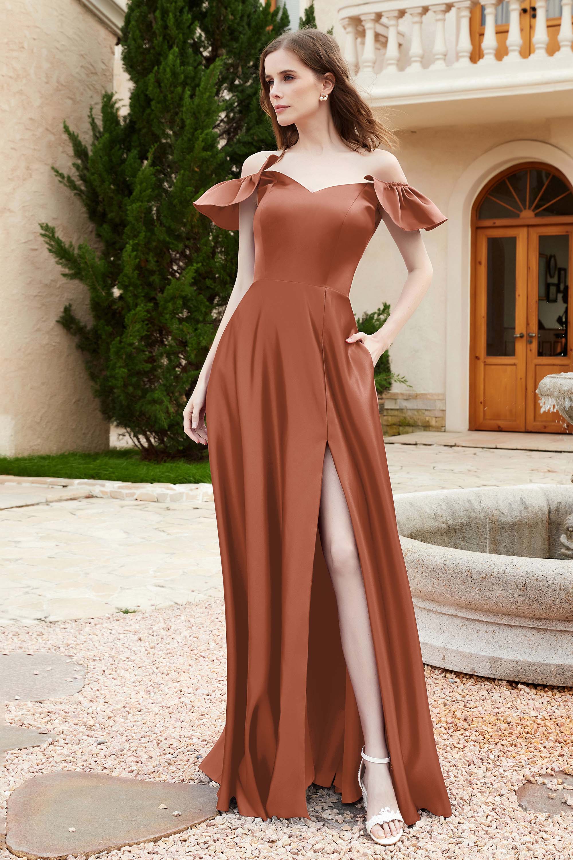 Off the Shoulder Satin Bridesmaid Dress with Pockets Formal Evening Prom Dresses with Slit