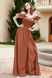 Off the Shoulder Satin Bridesmaid Dress with Pockets Formal Evening Prom Dresses with Slit