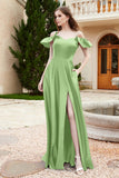 Off the Shoulder Satin Bridesmaid Dress with Pockets Formal Evening Prom Dresses with Slit