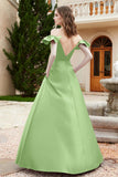 Off the Shoulder Satin Bridesmaid Dress with Pockets Formal Evening Prom Dresses with Slit