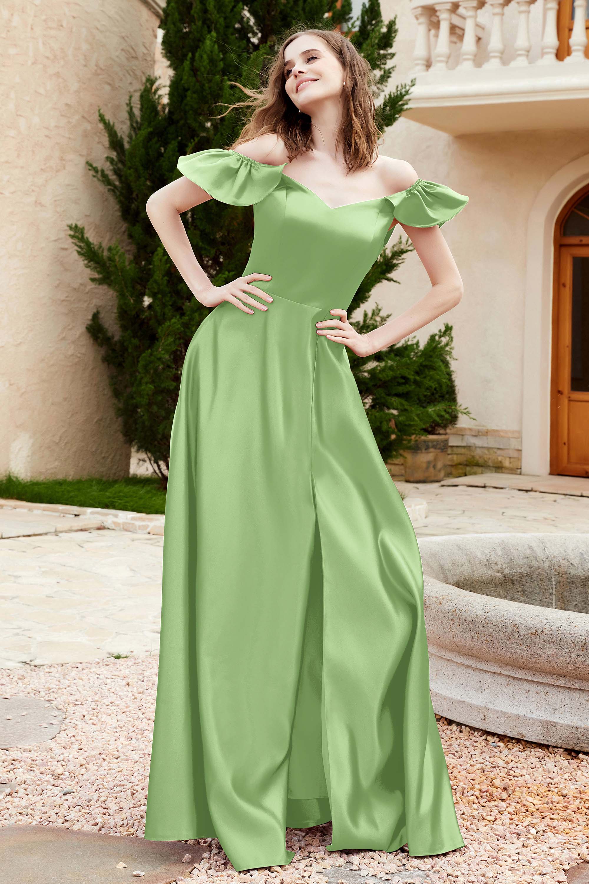 Off the Shoulder Satin Bridesmaid Dress with Pockets Formal Evening Prom Dresses with Slit
