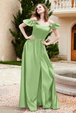 Off the Shoulder Satin Bridesmaid Dress with Pockets Formal Evening Prom Dresses with Slit