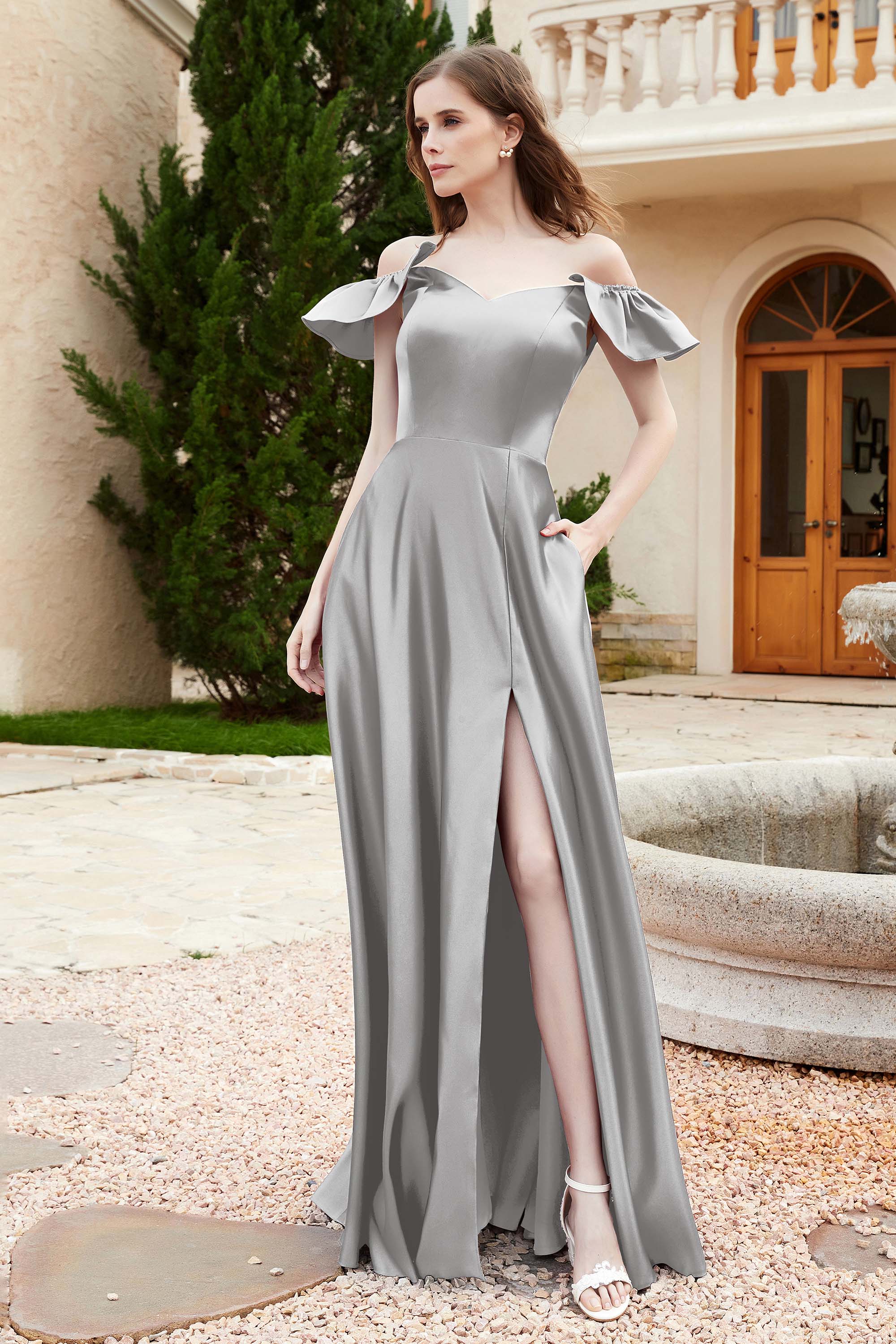 Off the Shoulder Satin Bridesmaid Dress with Pockets Formal Evening Prom Dresses with Slit