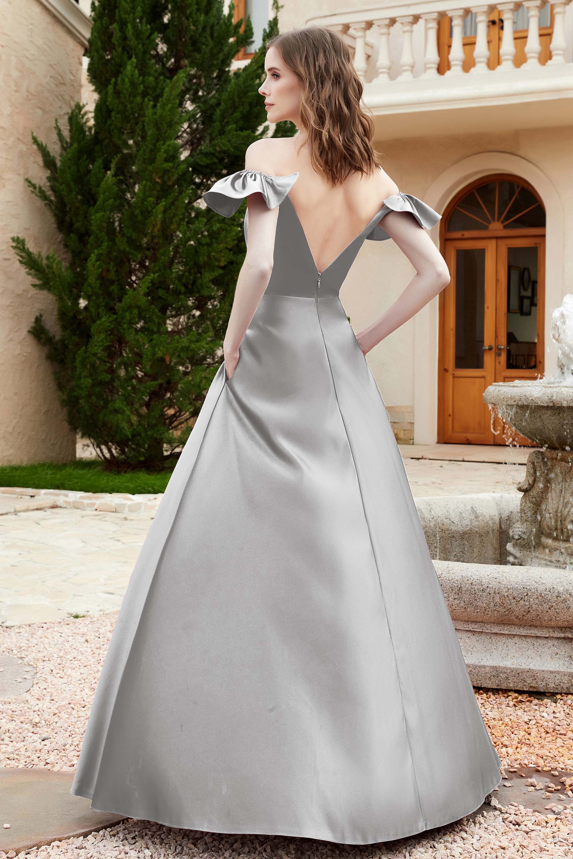 Off the Shoulder Satin Bridesmaid Dress with Pockets Formal Evening Prom Dresses with Slit