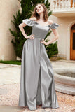 Off the Shoulder Satin Bridesmaid Dress with Pockets Formal Evening Prom Dresses with Slit