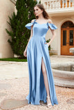 Off the Shoulder Satin Bridesmaid Dress with Pockets Formal Evening Prom Dresses with Slit