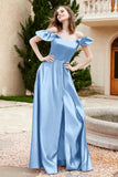 Off the Shoulder Satin Bridesmaid Dress with Pockets Formal Evening Prom Dresses with Slit