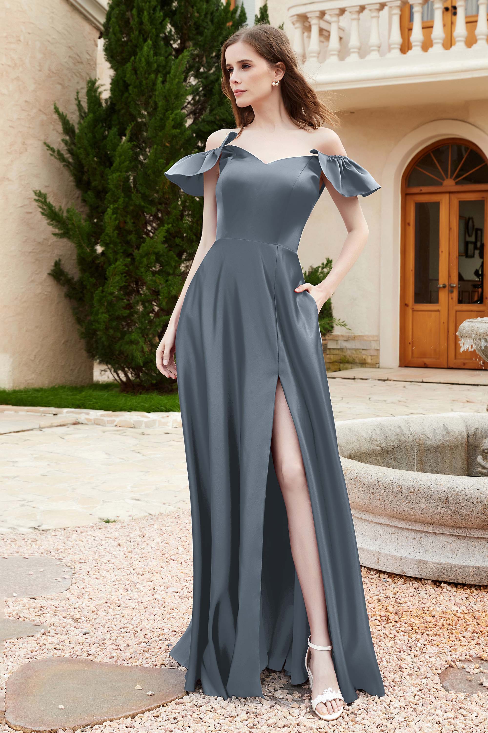 Off the Shoulder Satin Bridesmaid Dress with Pockets Formal Evening Prom Dresses with Slit