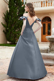 Off the Shoulder Satin Bridesmaid Dress with Pockets Formal Evening Prom Dresses with Slit