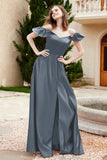 Off the Shoulder Satin Bridesmaid Dress with Pockets Formal Evening Prom Dresses with Slit