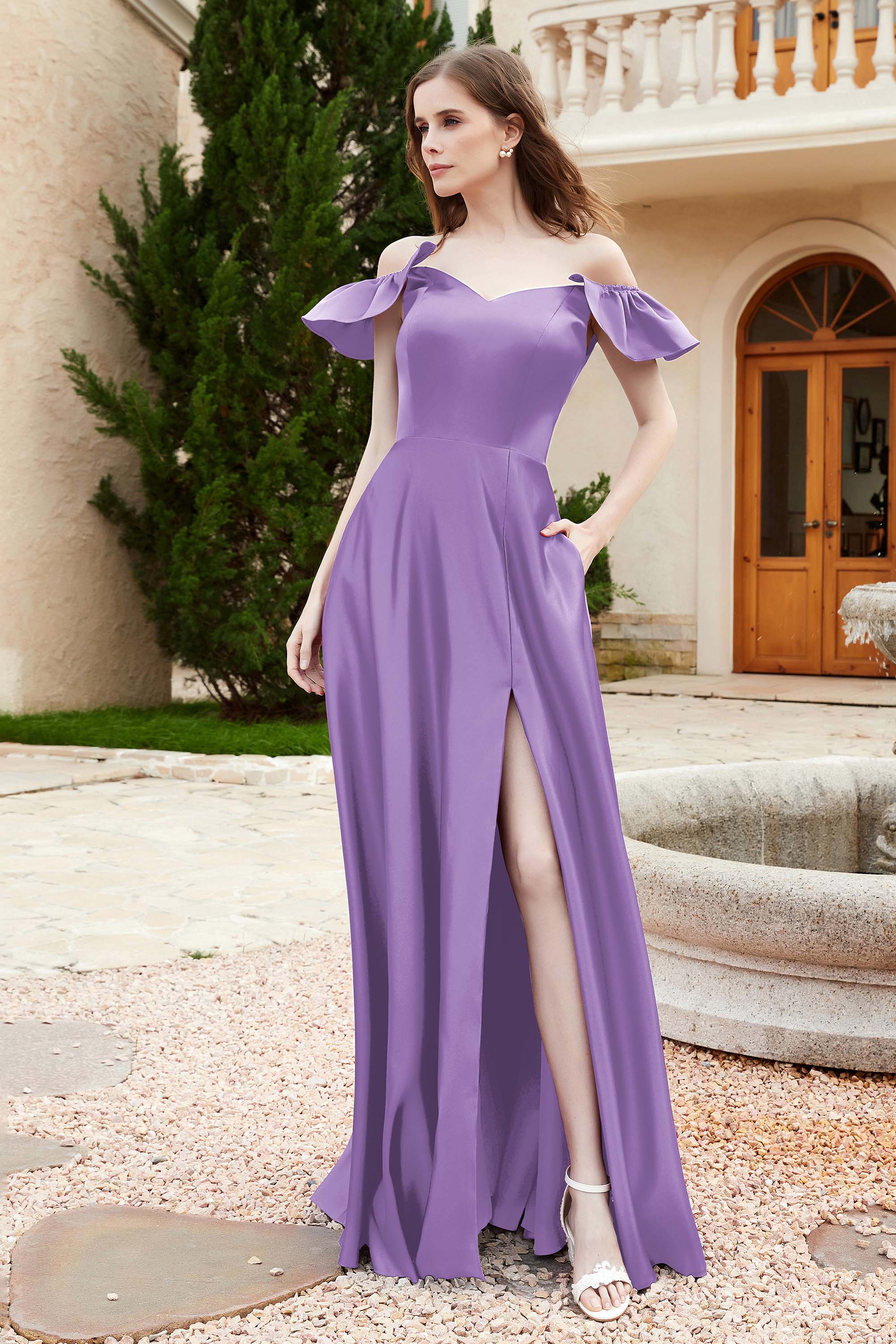 Off the Shoulder Satin Bridesmaid Dress with Pockets Formal Evening Prom Dresses with Slit