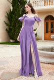 Off the Shoulder Satin Bridesmaid Dress with Pockets Formal Evening Prom Dresses with Slit