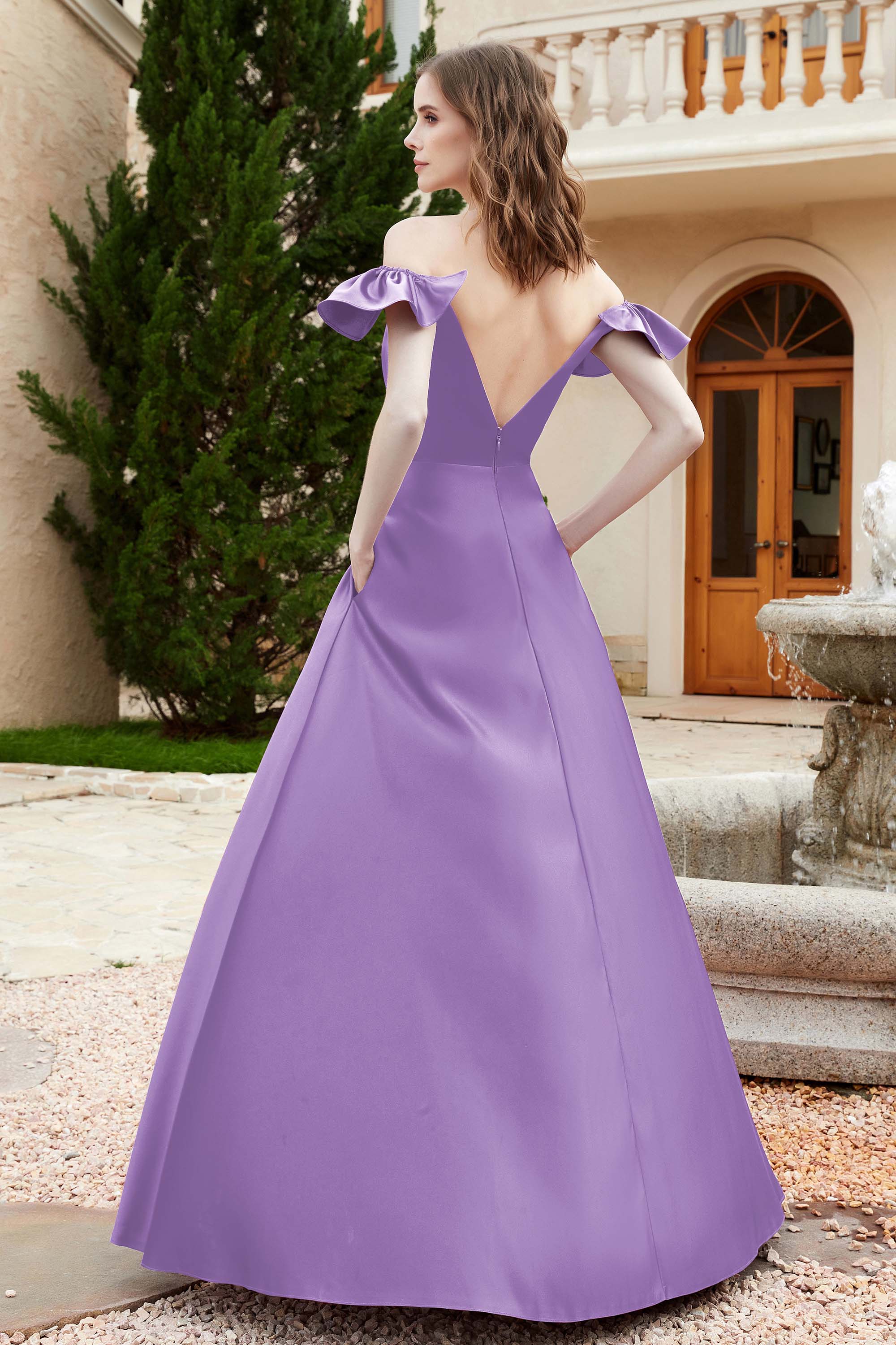 Off the Shoulder Satin Bridesmaid Dress with Pockets Formal Evening Prom Dresses with Slit