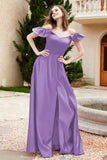 Off the Shoulder Satin Bridesmaid Dress with Pockets Formal Evening Prom Dresses with Slit