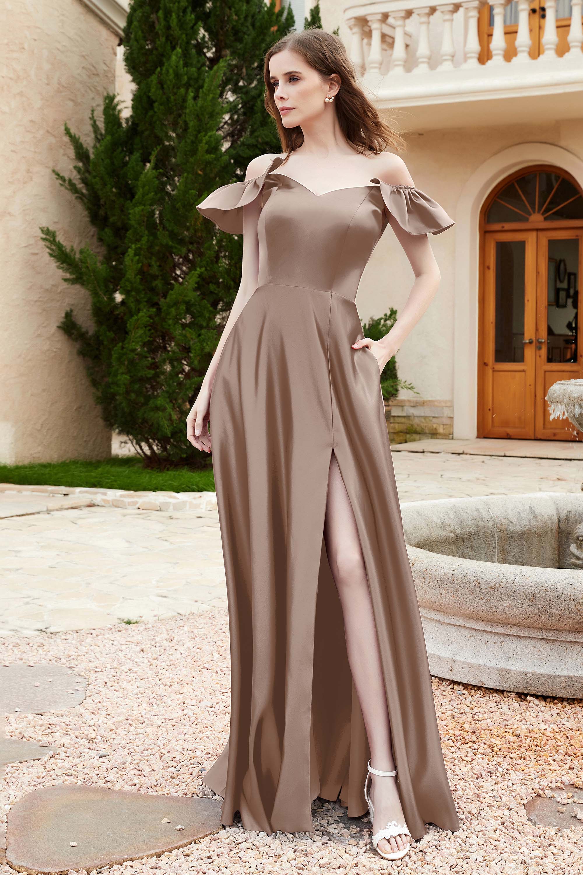 Off the Shoulder Satin Bridesmaid Dress with Pockets Formal Evening Prom Dresses with Slit