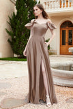 Off the Shoulder Satin Bridesmaid Dress with Pockets Formal Evening Prom Dresses with Slit