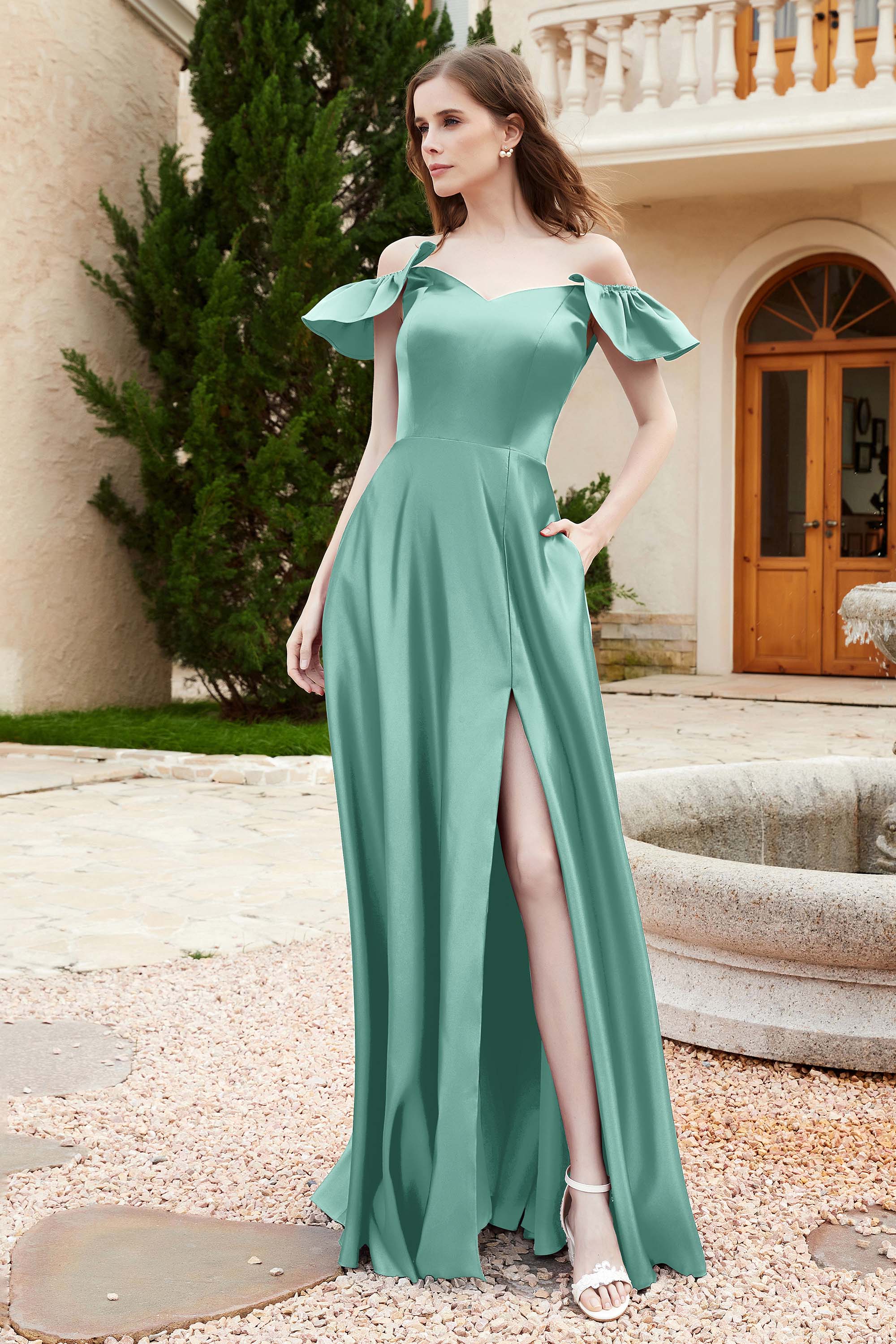 Off the Shoulder Satin Bridesmaid Dress with Pockets Formal Evening Prom Dresses with Slit