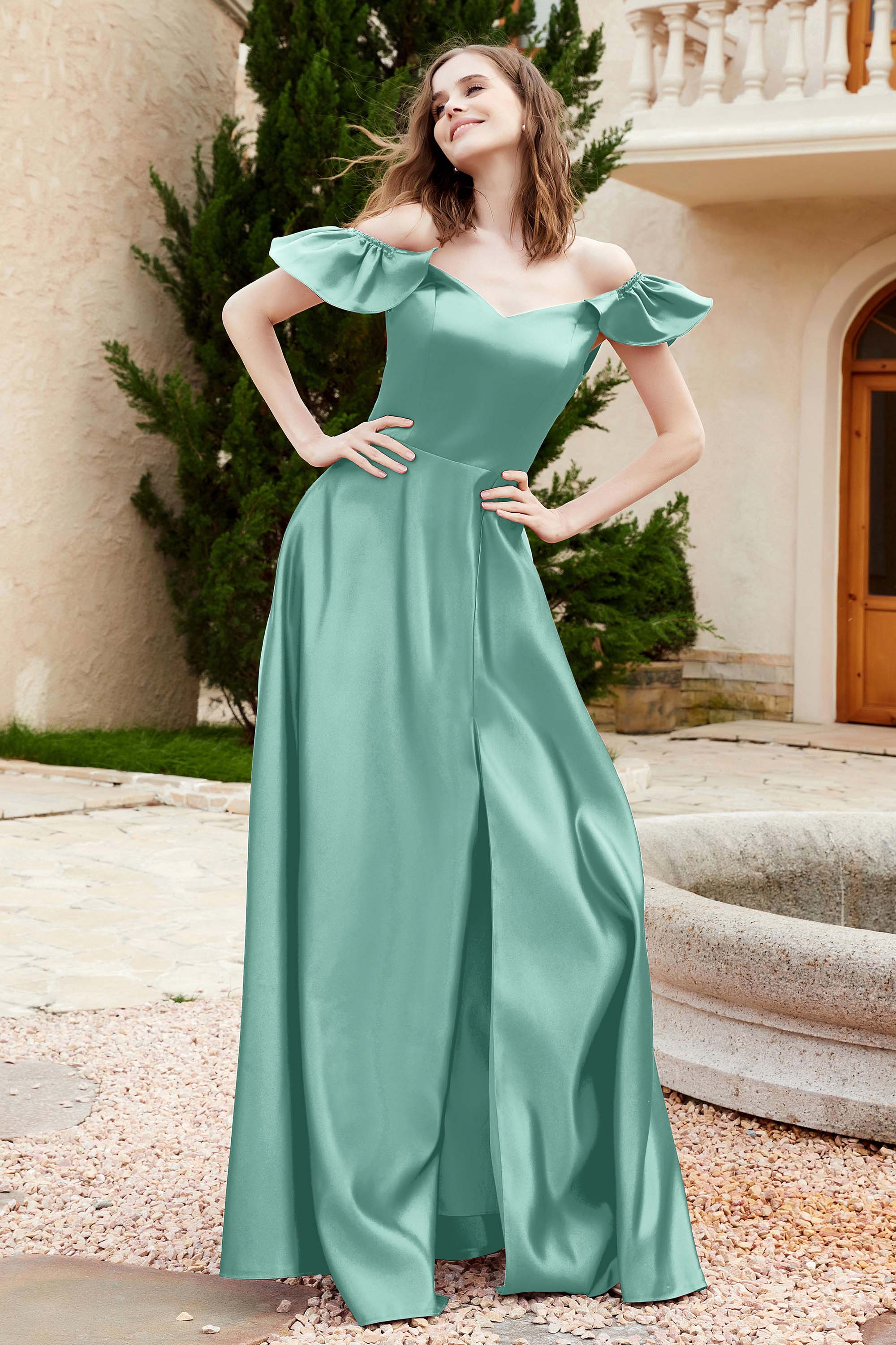 Off the Shoulder Satin Bridesmaid Dress with Pockets Formal Evening Prom Dresses with Slit