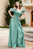 Off the Shoulder Satin Bridesmaid Dress with Pockets Formal Evening Prom Dresses with Slit