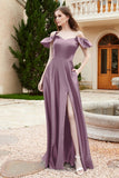 Off the Shoulder Satin Bridesmaid Dress with Pockets Formal Evening Prom Dresses with Slit