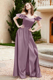 Off the Shoulder Satin Bridesmaid Dress with Pockets Formal Evening Prom Dresses with Slit