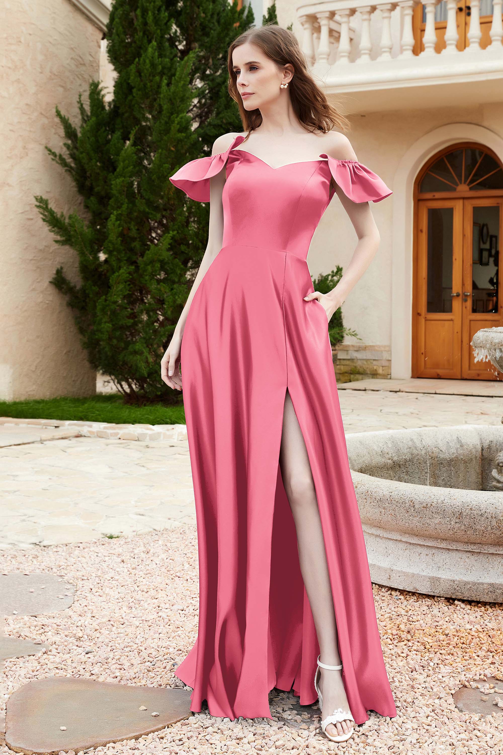 Off the Shoulder Satin Bridesmaid Dress with Pockets Formal Evening Prom Dresses with Slit