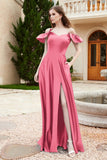 Off the Shoulder Satin Bridesmaid Dress with Pockets Formal Evening Prom Dresses with Slit