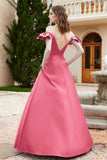 Off the Shoulder Satin Bridesmaid Dress with Pockets Formal Evening Prom Dresses with Slit